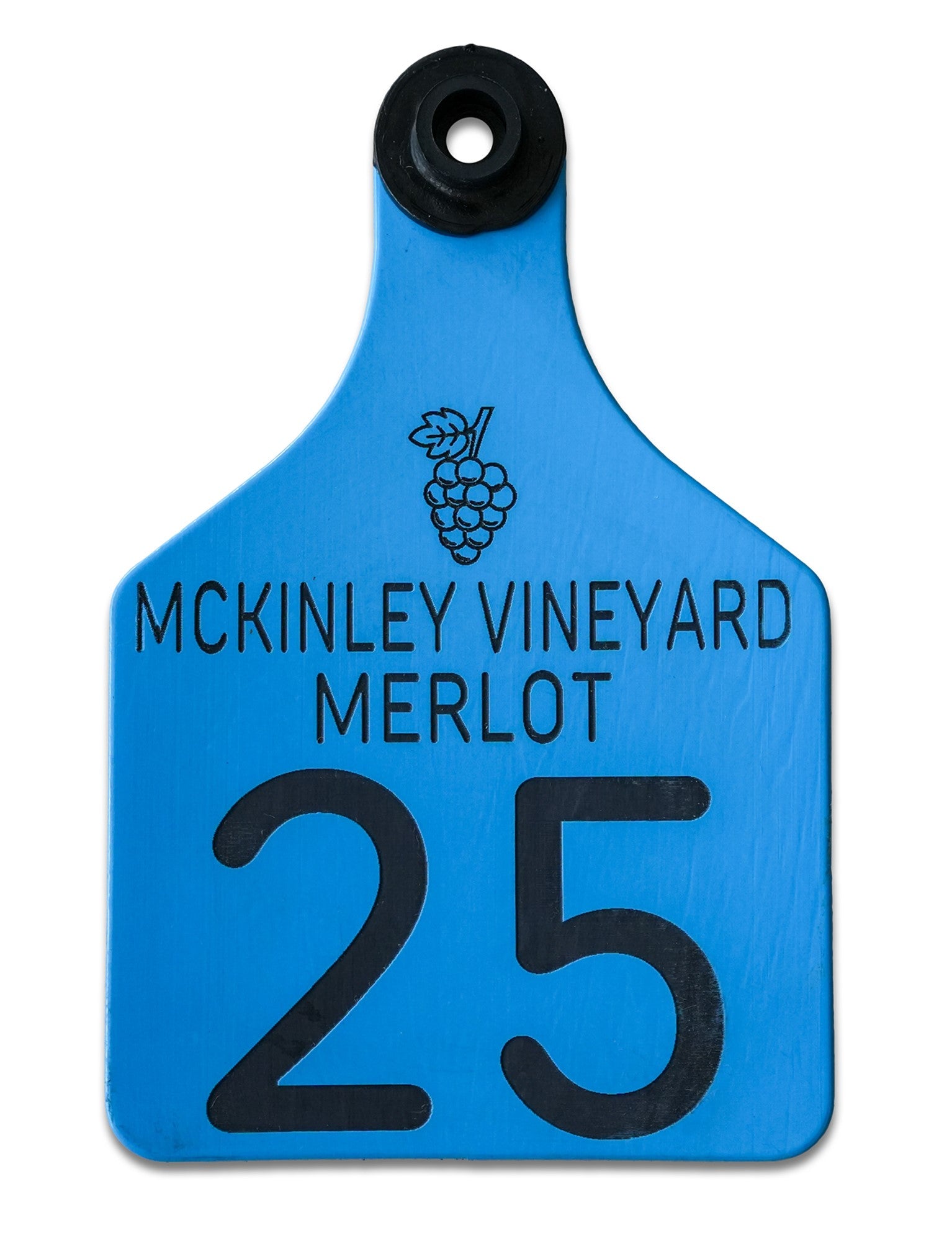 Vineyard tag light blue and black in color.  