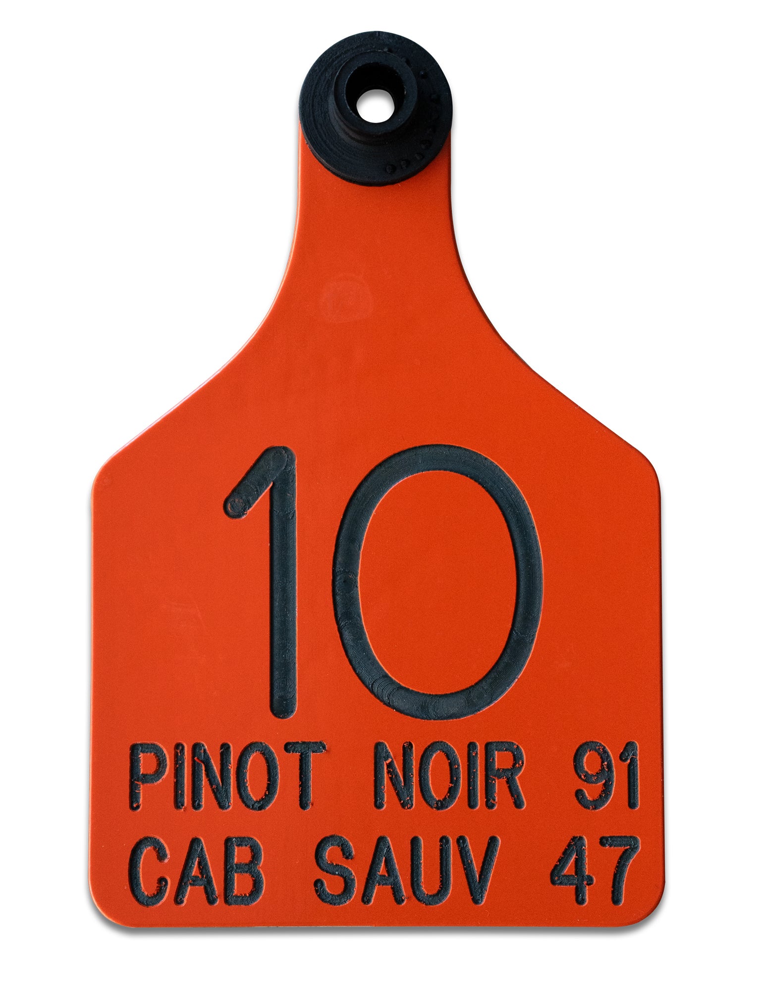 Vineyard Tag that is orange and black in color.