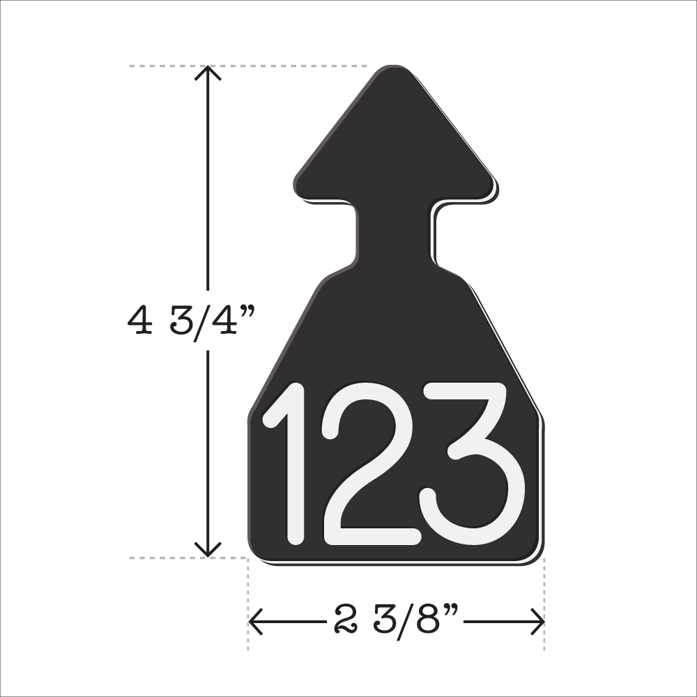 Black and white arrowhead shaped ID Tag for any size cattle. Installs with the Ritchey Arrowhead Installing Tool. These tags can be used for a variety of identification purposes. Product Dimensions – Height: 4 3/4″, Width: 2 3/8″.