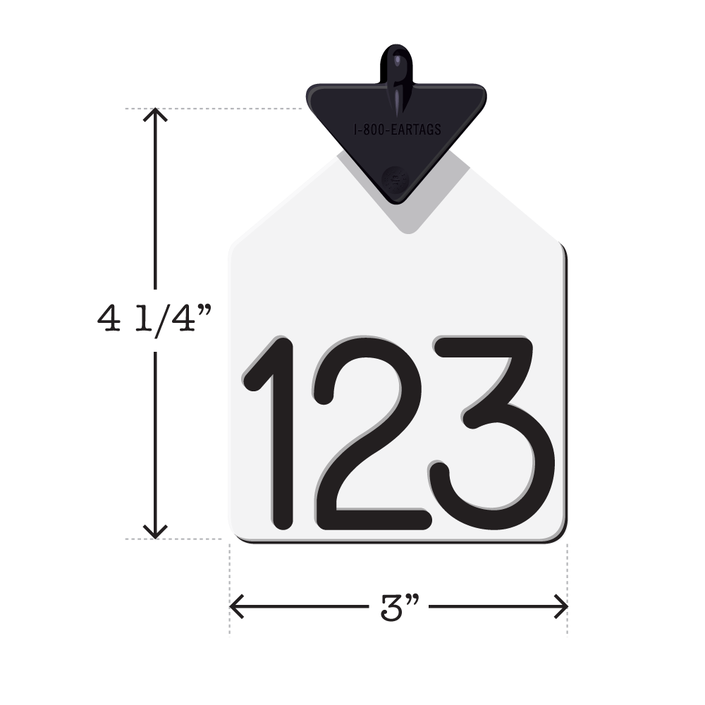 Curved arrowhead, dual colored, one piece white and black, livestock ID ear tag. Size/Dimensions: Large. Height: 4 1/4″, Width: 3″