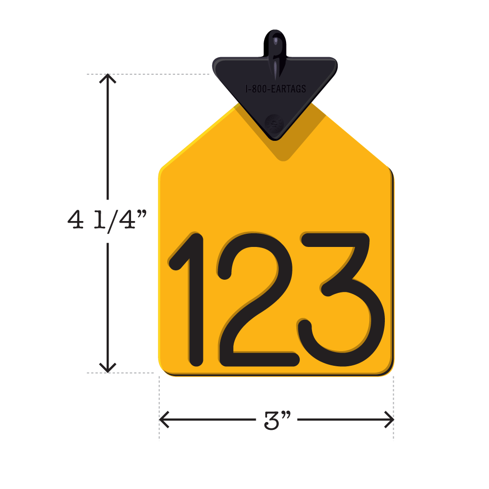 Curved arrowhead, dual colored, one piece yellow and black, cattle ear tag. Size/Dimensions: Large. Height: 4 1/4″, Width: 3″