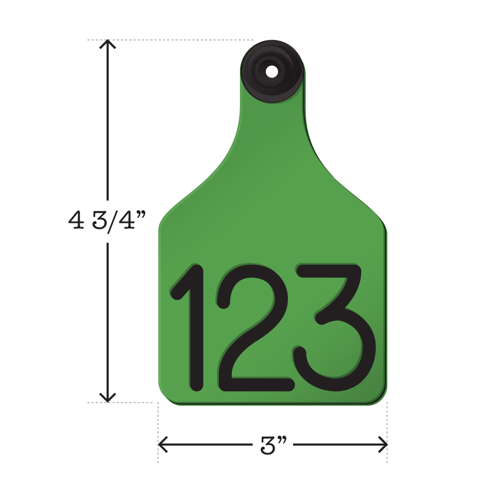 Dual colored green and black, two-piece, engravable and fade resistant cow ear tag. Large. Height: 4 3/4″, Width: 3″