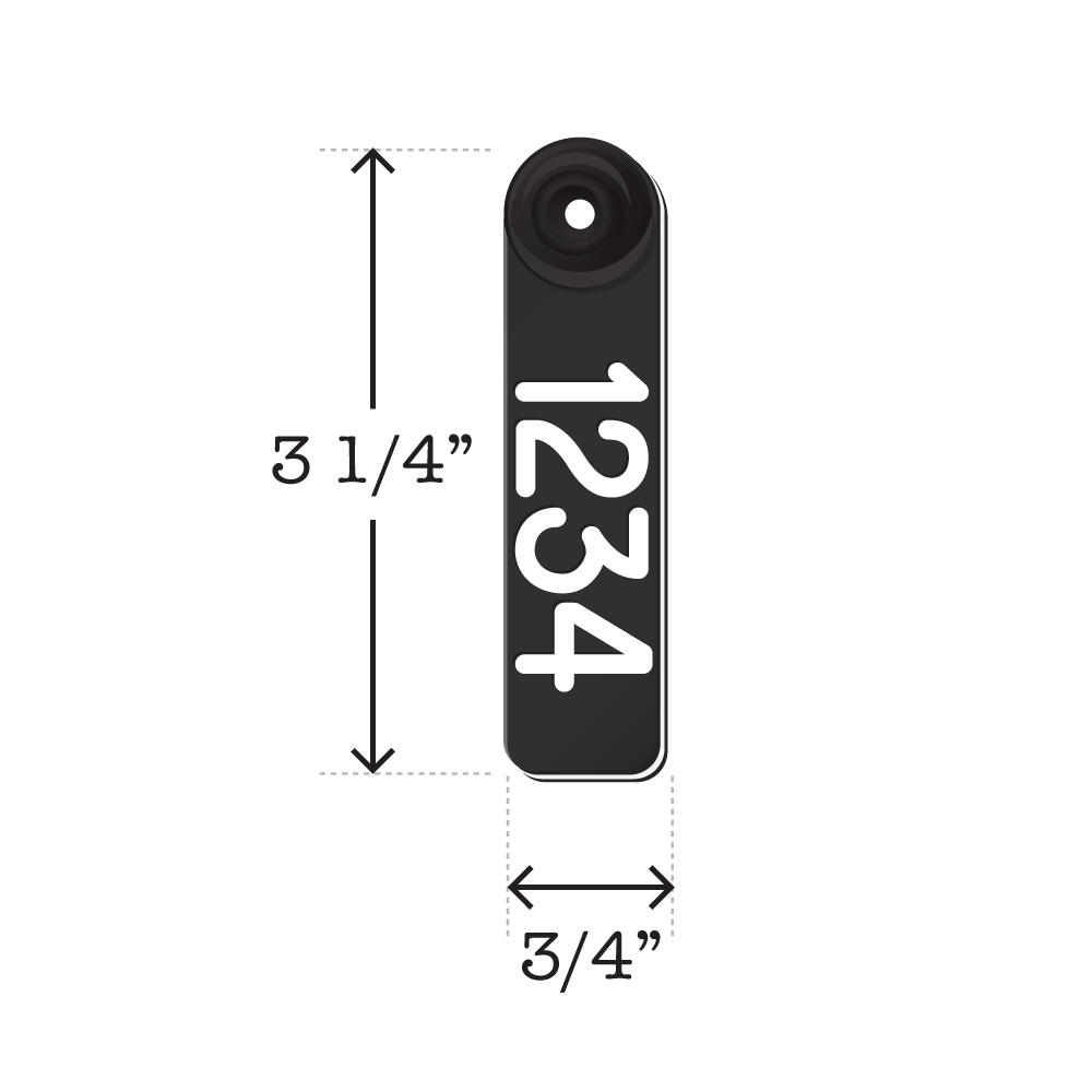 Dual colored, two-piece black and white, fade resistant sheep and goat ear tags. Dimensions are 3 1/4" tall and 3/4" wide.