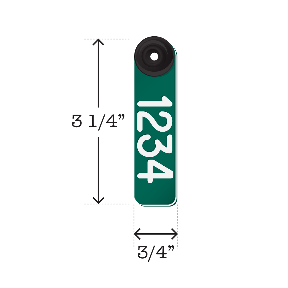 Dual colored, two-piece green and white, fade resistant sheep and goat ear tags. Dimensions are 3 1/4" tall and 3/4" wide.