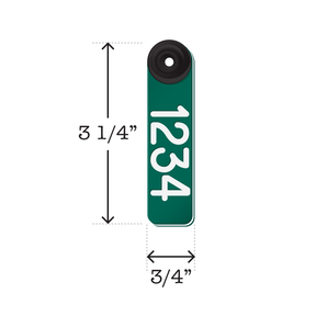 Dual colored, two-piece green and white, fade resistant sheep and goat ear tags. Dimensions are 3 1/4" tall and 3/4" wide.