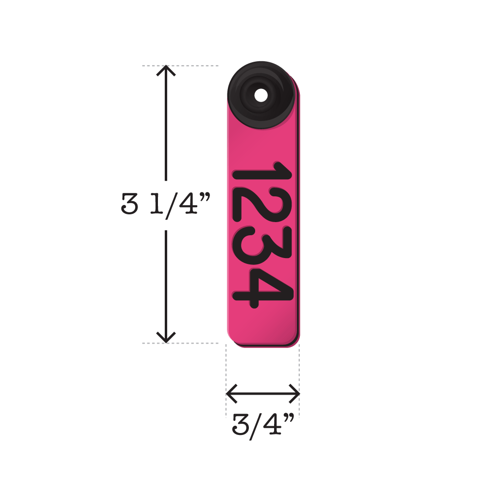 Dual colored, two-piece pink and black, fade resistant sheep and goat ear tags. Dimensions are 3 1/4" tall and 3/4" wide.