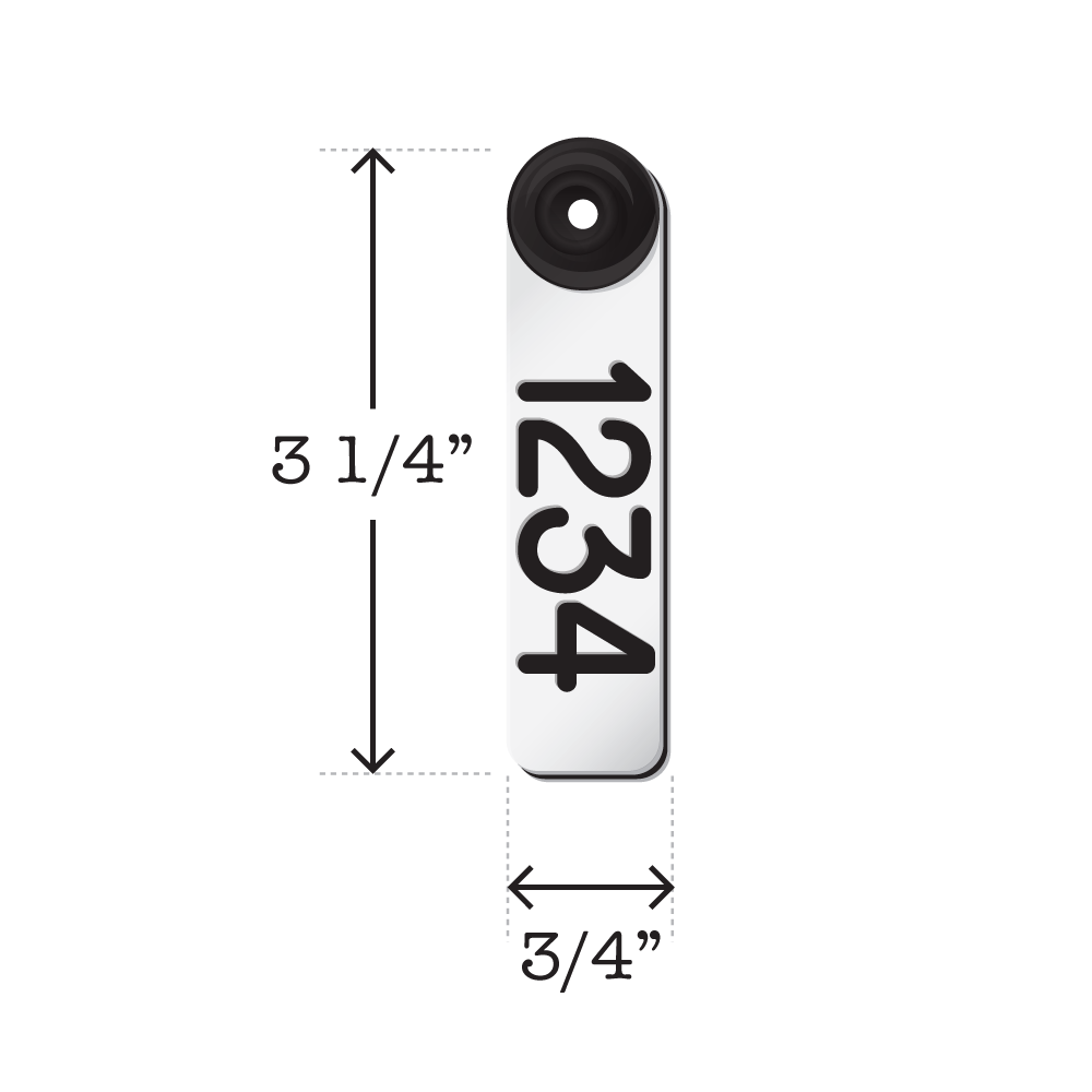 Dual colored, two-piece white and black, fade resistant sheep and goat ear tags. Dimensions are 3 1/4" tall and 3/4" wide.