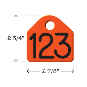 Orange and black 2 3/4" x 2 7/8" dual-colored neck chain tag with center hole in it. Tag is often used to identify dairy cattle but is also used by U.S. government agencies to track and identify wildlife.