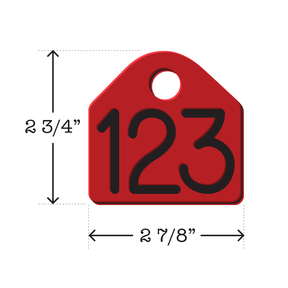 Red and Black 2 3/4" x 2 7/8" dual-colored neck chain tag with center hole in it. Tag is often used to identify dairy cattle but is also used by U.S. government agencies to track and identify wildlife.