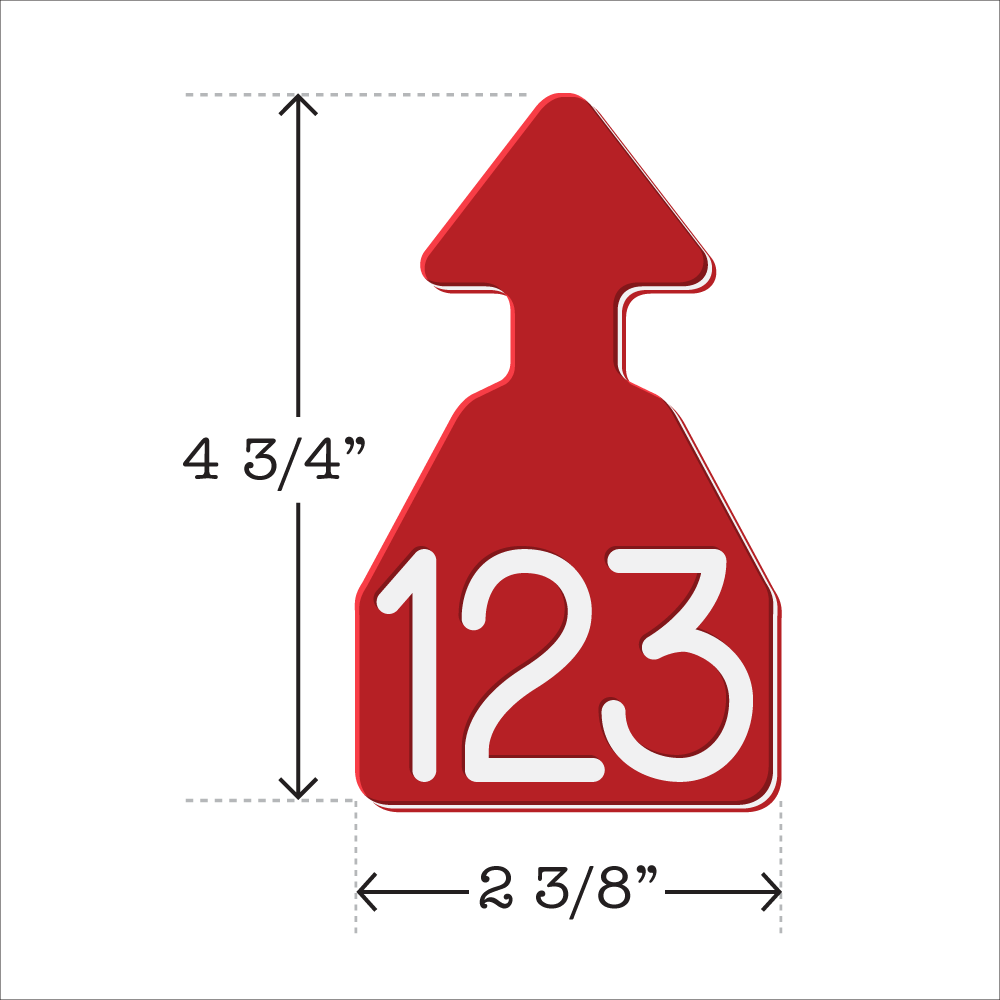 Red and White arrowhead shaped ID Tag for any size cattle. Installs with the Ritchey Arrowhead Installing Tool. These tags can be used for a variety of identification purposes. Product Dimensions – Height: 4 3/4″, Width: 2 3/8″.