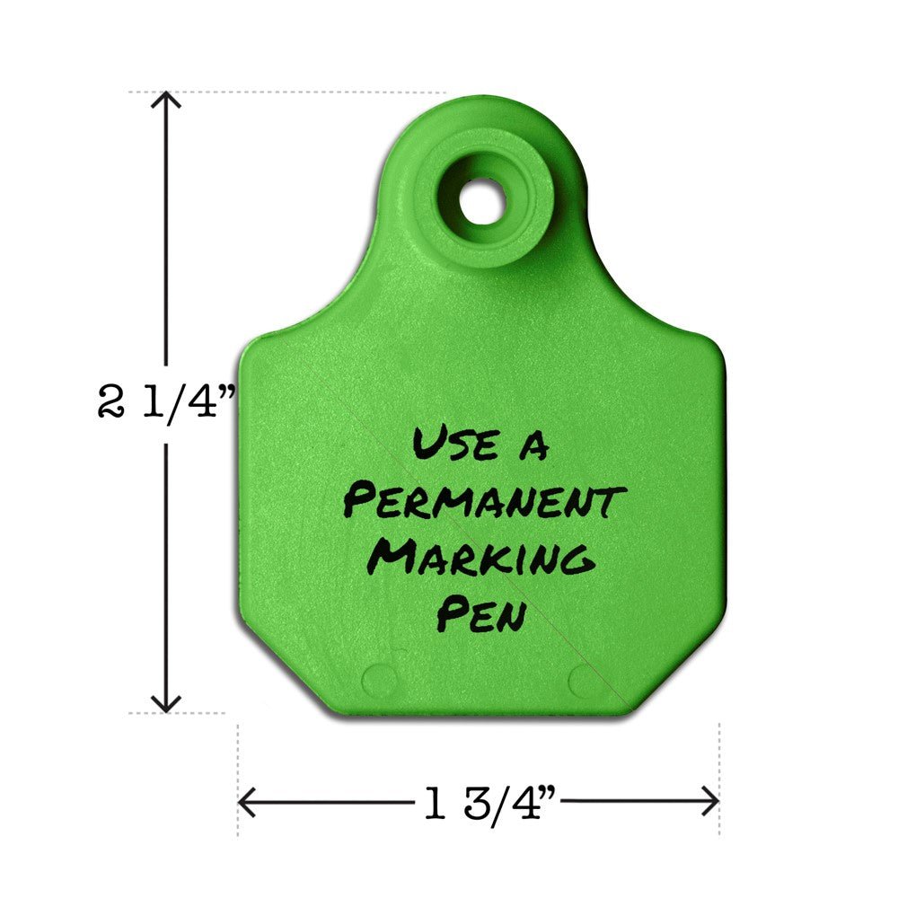 Write-on, two-piece, green, mini calf, goat or sheep tag. Height is 2 1/4 and width is 1 3/4".