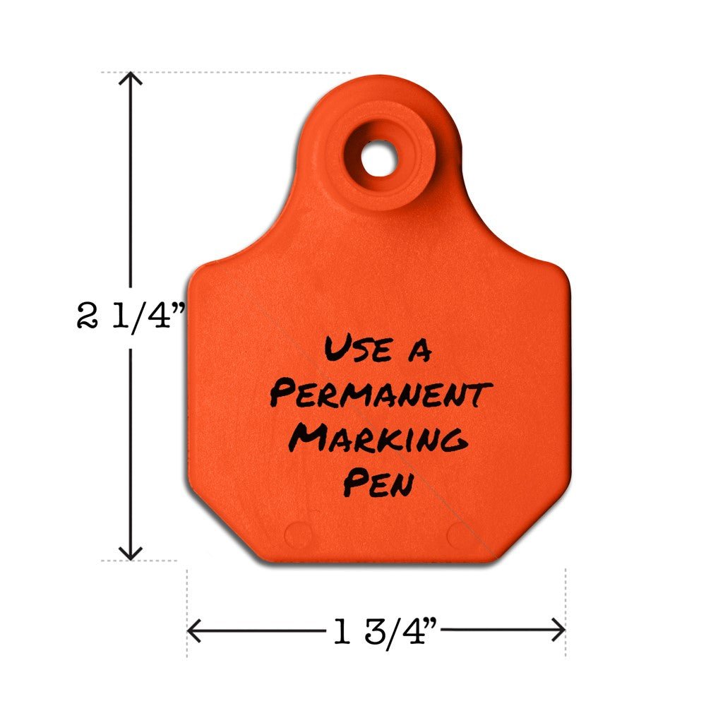 Write-on, two-piece, orange, mini, calf, goat or sheep tag. Height is 2 1/4 and width is 1 3/4".