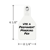 Write-on, two-piece, white, medium calf tag. Height is 4 1/2 and width is 2 1/4".