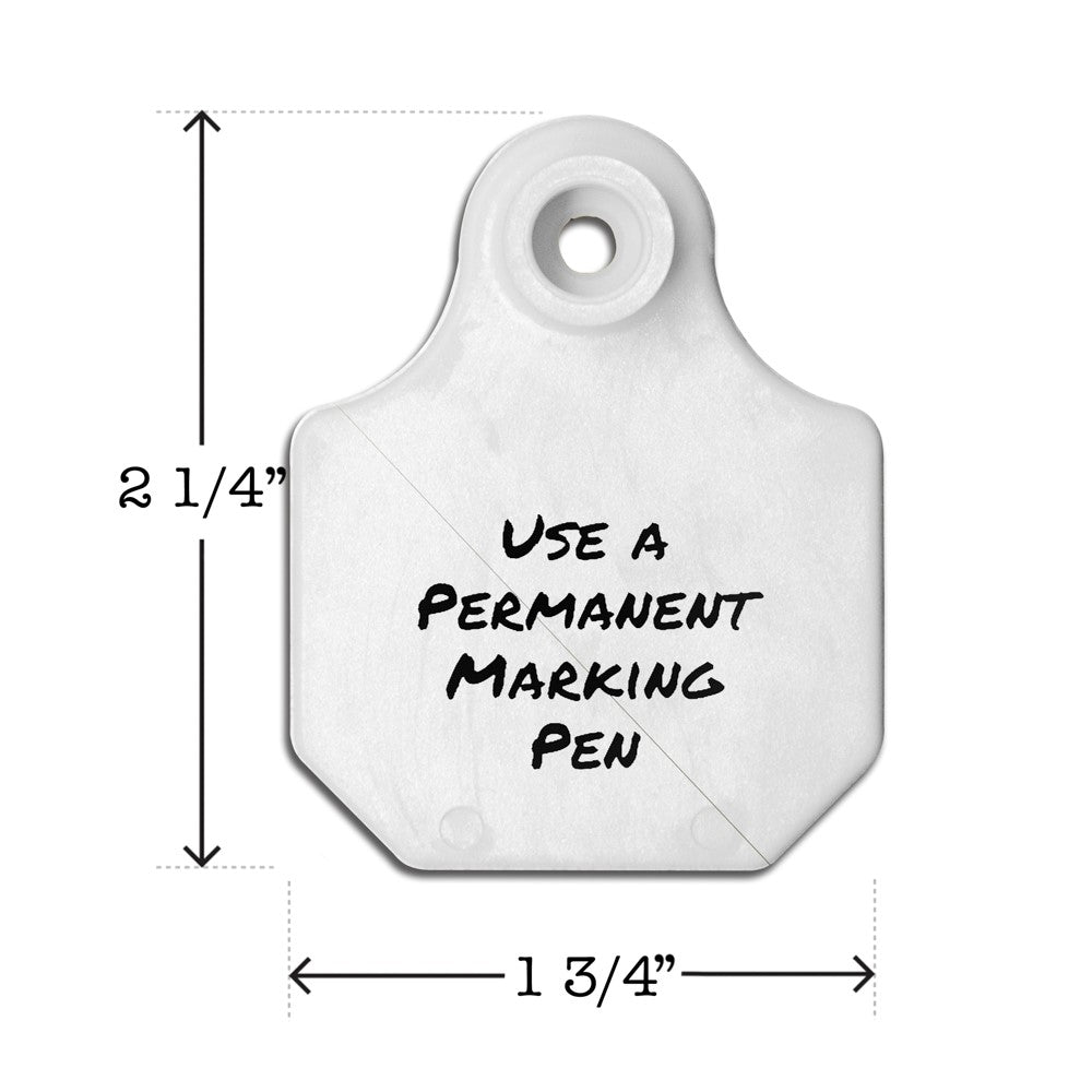 Write-on, two-piece, white, mini, calf, goat or sheep tag. Height is 2 1/4 and width is 1 3/4".