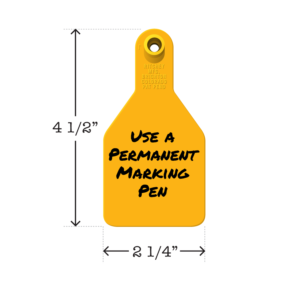 Write-on, two-piece, yellow, medium calf tag. Height is 4 1/2 and width is 2 1/4".