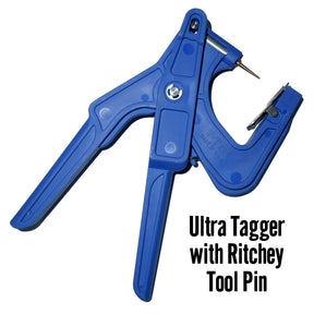 A blue Y-Tex cattle ear tag tagger, with Ritchey tool pin installed