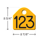 Yellow and White 2 3/4" x 2 7/8" dual-colored neck chain tag with center hole in it. Tag is often used to identify dairy cattle but is also used by U.S. government agencies to track and identify wildlife.