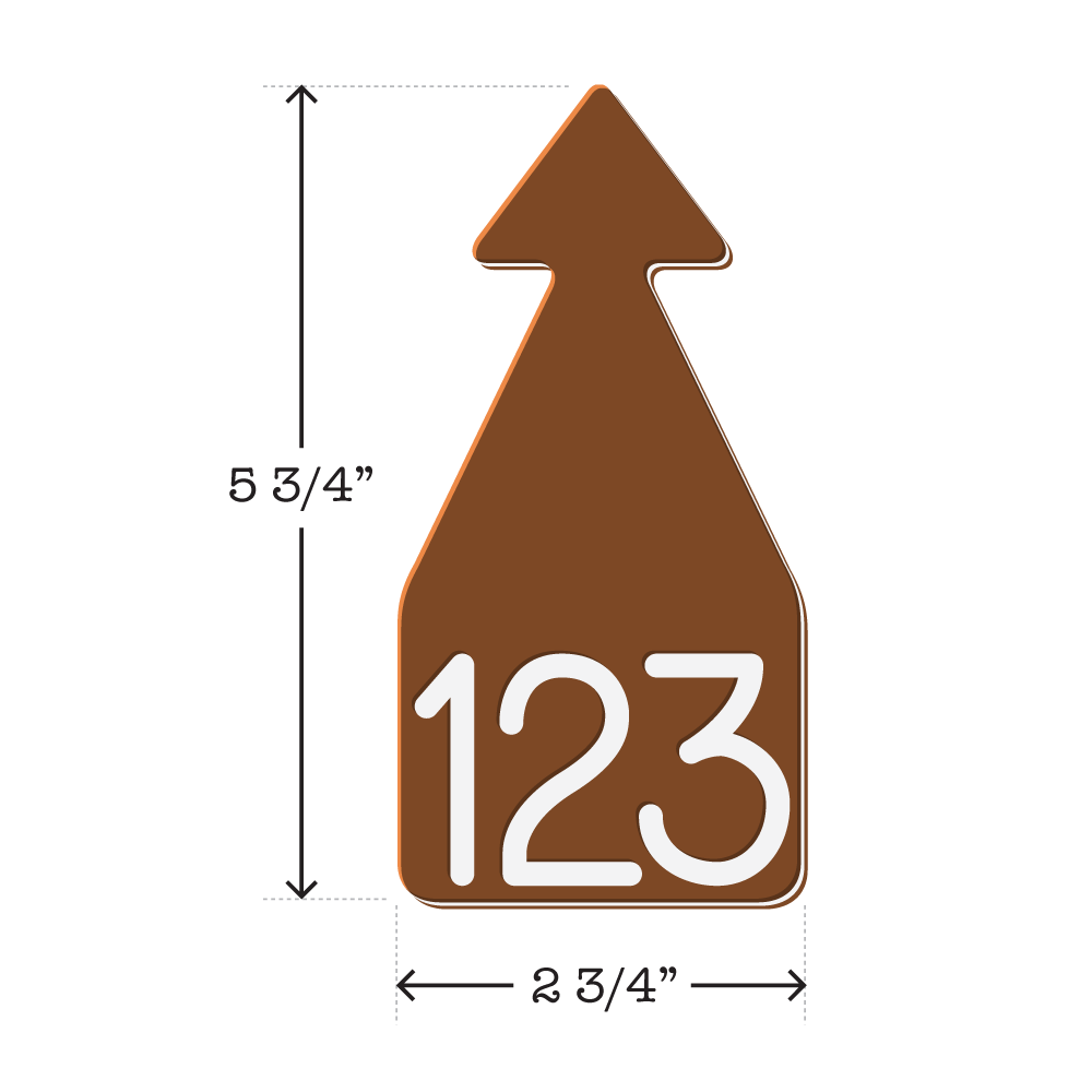 Brown and white arrowhead shaped ID Tag for mature beef and dairy cattle. Installs with the Ritchey Arrowhead Installing Tool. These tags can be used for a variety of identification purposes. Product Dimensions – Height: 5 3/4″, Width: 2 3/4″.