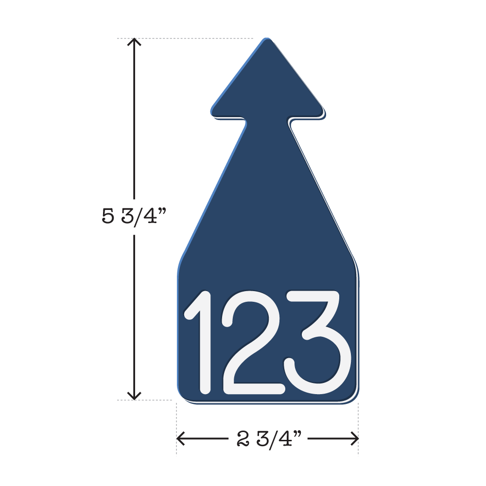 Dark blue and white arrowhead shaped ID Tag for mature beef and dairy cattle. Installs with the Ritchey Arrowhead Installing Tool. These tags can be used for a variety of identification purposes. Product Dimensions – Height: 5 3/4″, Width: 2 3/4″.