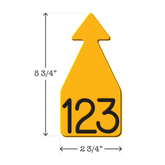 Yellow and black arrowhead shaped livestock and cattle ID ear tag