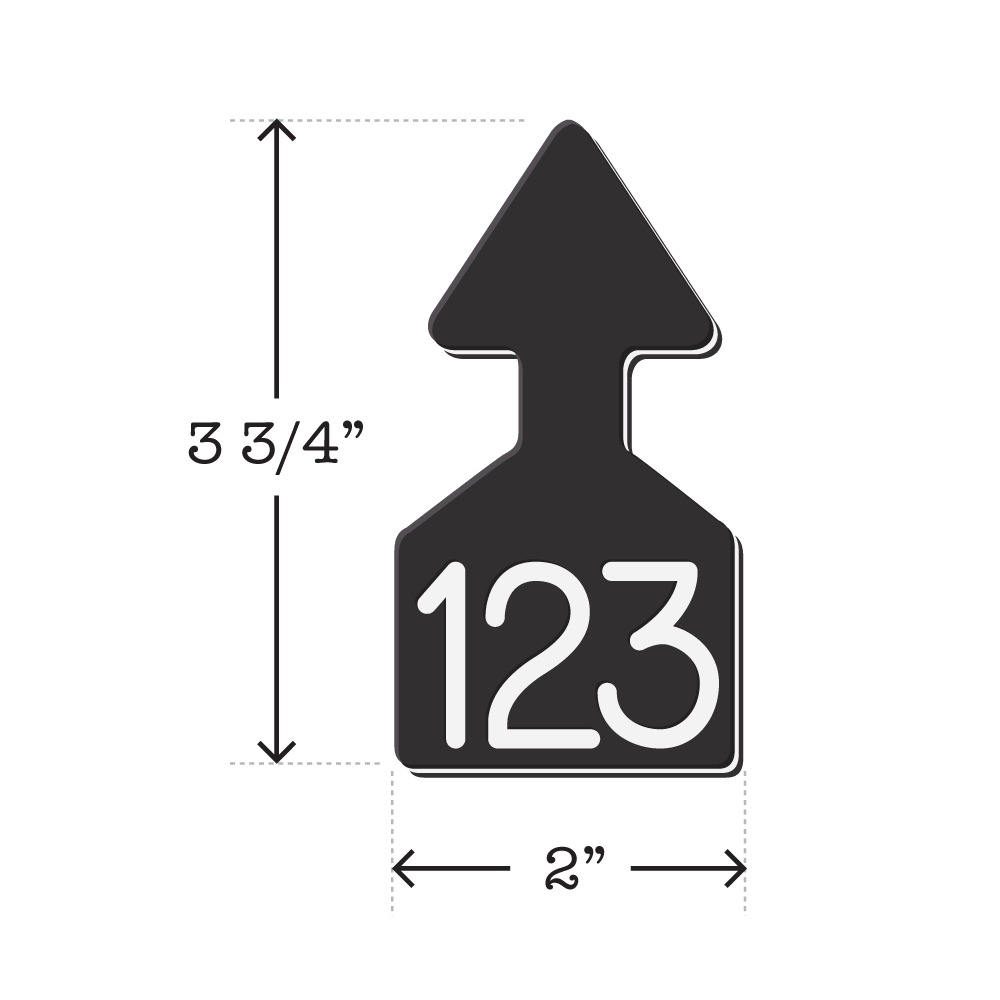 Dual colored black and white, arrow shaped cattle ear tags Ideal for Calves. These Tags Can Be Used For A Variety Of Identification Purposes. Product Dimensions – Height: 3 3/4″, Width: 2.0″.