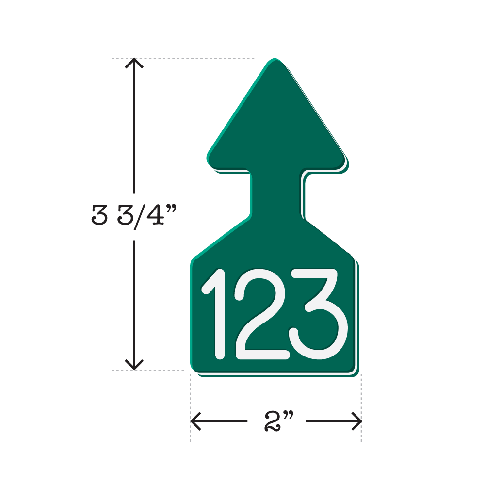 Dual colored green and white, arrow shaped cattle ear tags Ideal for Calves. These Tags Can Be Used For A Variety Of Identification Purposes. Product Dimensions – Height: 3 3/4″, Width: 2.0″.