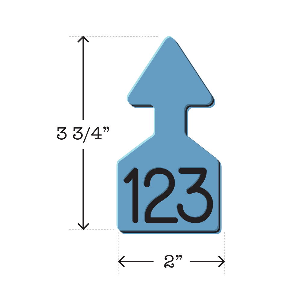 Dual colored light blue and black, arrow shaped cattle ear tags Ideal for Calves. These Tags Can Be Used For A Variety Of Identification Purposes. Product Dimensions – Height: 3 3/4″, Width: 2.0″.