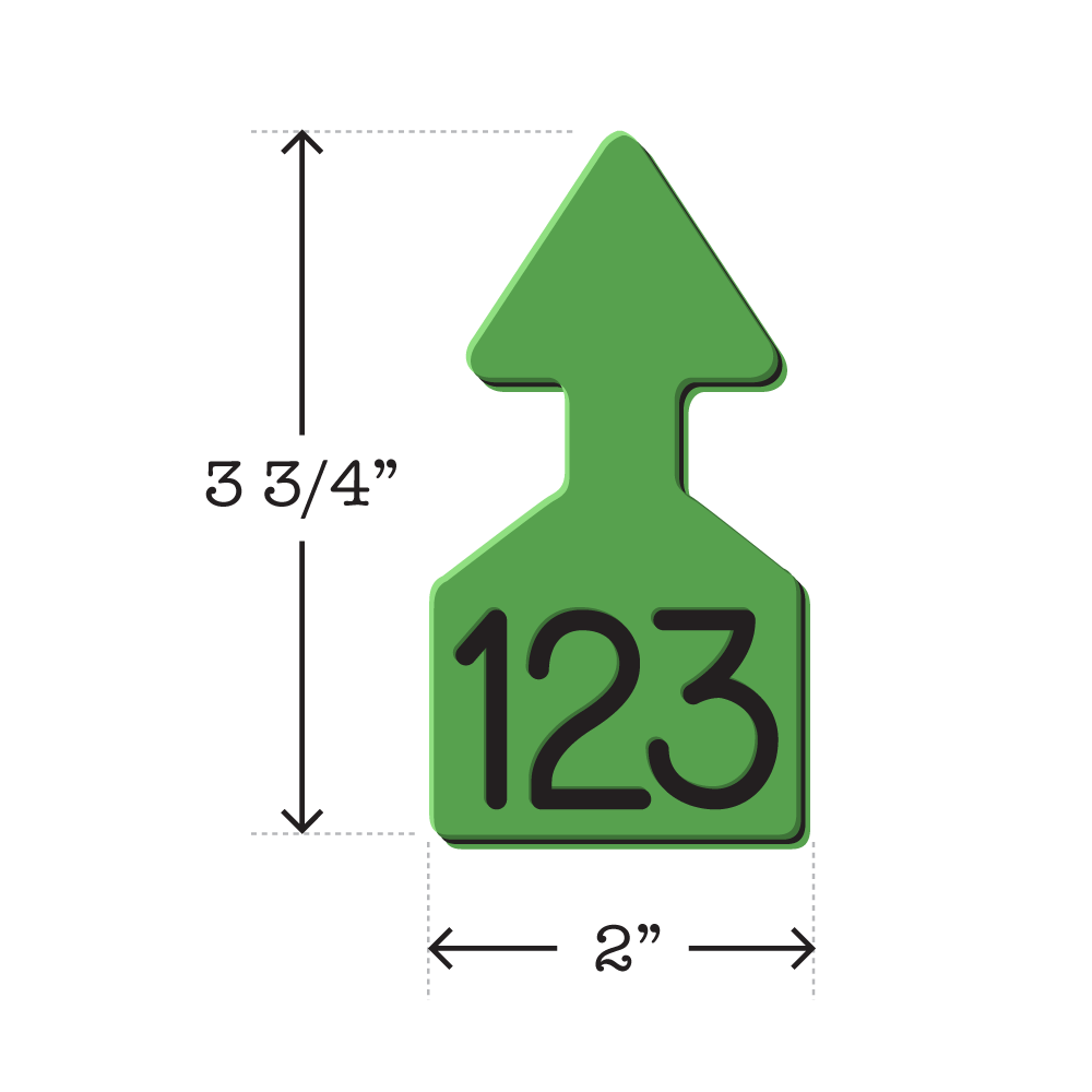 Dual colored light green and black, arrow shaped cattle ear tags Ideal for Calves. These Tags Can Be Used For A Variety Of Identification Purposes. Product Dimensions – Height: 3 3/4″, Width: 2.0″.