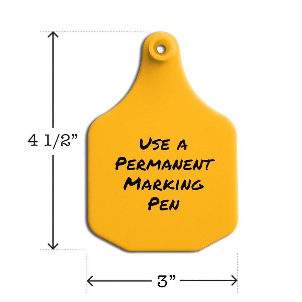 Write-on, two-piece, yellow, large cow tag. Height is 4 1/2 and width is 3".