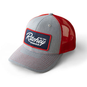 Grey and red Richardson 112 Trucker ranch Hat with Ritchey Livestock ID logo