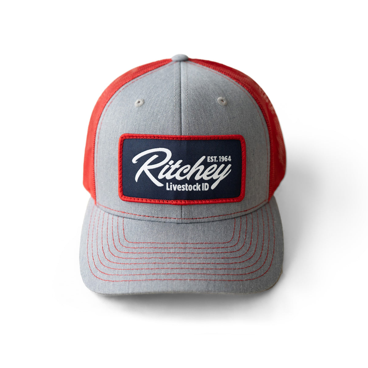 Grey and red Richardson 112 Trucker ranch Hat with Ritchey Livestock ID logo