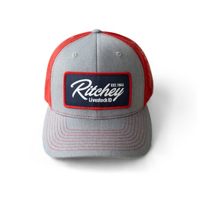 Grey and red Richardson 112 Trucker ranch Hat with Ritchey Livestock ID logo