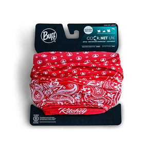Red and White bandana print multi-functional neck gaiter features CoolNet® UV (95% recycled) - engineered with REPREVE® performance microfiber, HeiQ cooling technology, Polygiene® odor control and has a 4-Way ULTRA STRETCH fabric construction that features UPF 50 sun protection.