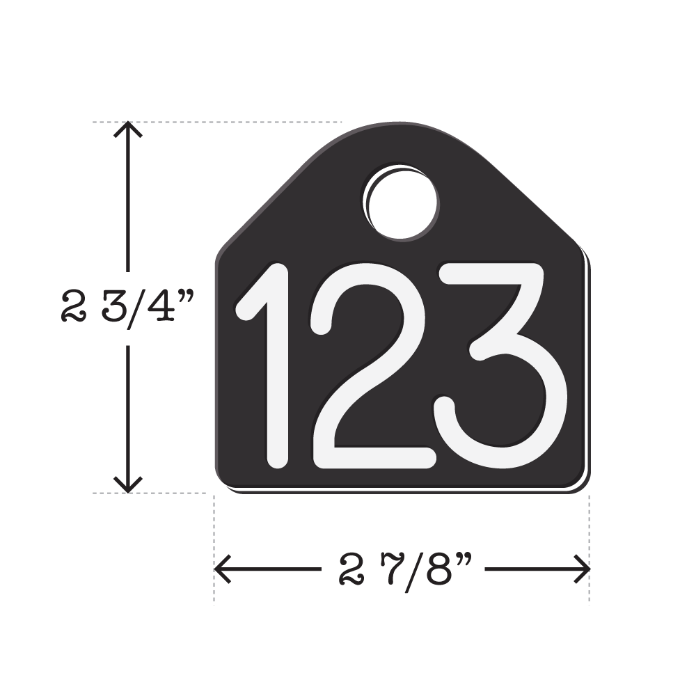 Black and White 2 3/4" x 2 7/8" dual-colored neck chain tag with center hole in it. Tag is often used to identify dairy cattle but is also used by U.S. government agencies to track and identify wildlife.