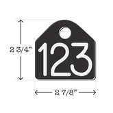 Black and White 2 3/4" x 2 7/8" dual-colored neck chain tag with center hole in it. Tag is often used to identify dairy cattle but is also used by U.S. government agencies to track and identify wildlife.