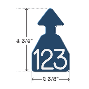 Dark blue and white arrowhead shaped ID Tag for any size cattle. Installs with the Ritchey Arrowhead Installing Tool. These tags can be used for a variety of identification purposes. Product Dimensions – Height: 4 3/4″, Width: 2 3/8″.
