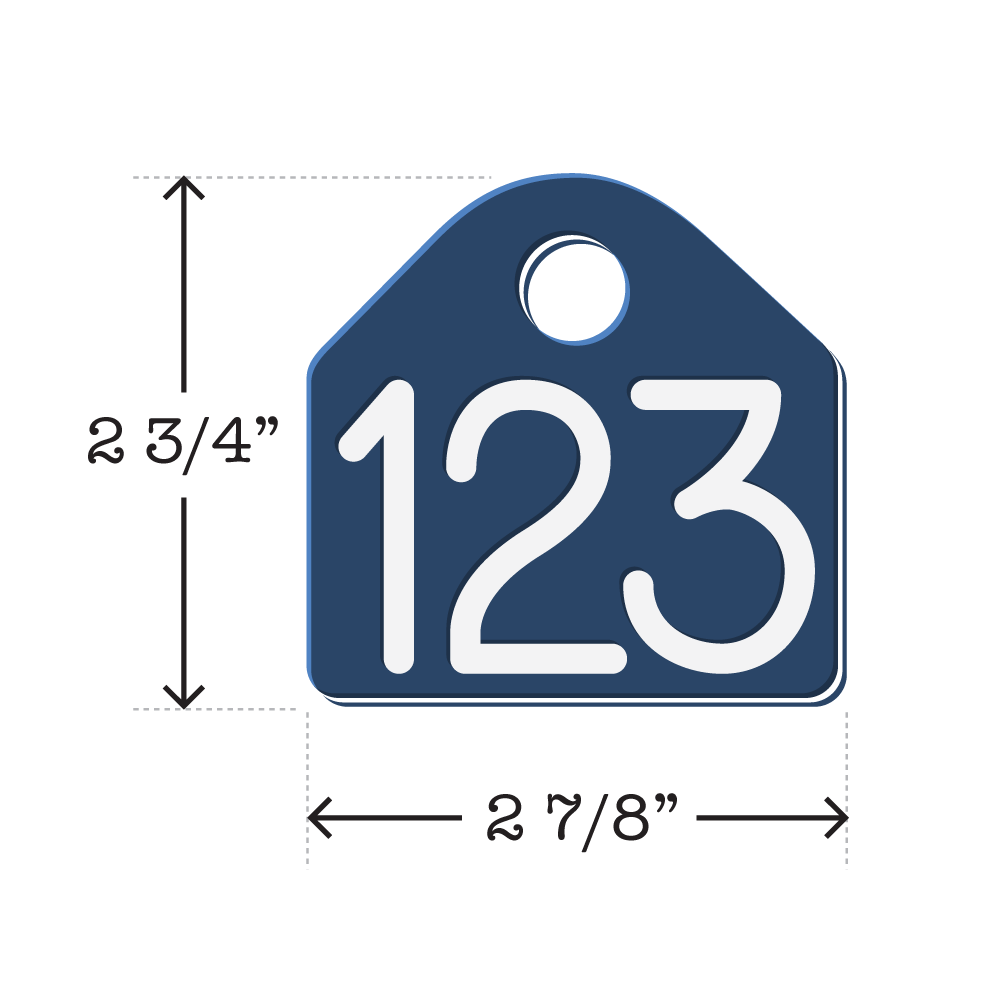 Blue and White 2 3/4" x 2 7/8" dual-colored neck chain tag with center hole in it. Tag is often used to identify dairy cattle but is also used by U.S. government agencies to track and identify wildlife.