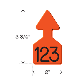 Dual colored orange and black, arrow shaped cattle ear tags Ideal for Calves.  These Tags Can Be Used For A Variety Of Identification Purposes.  Product Dimensions – Height: 3 3/4″, Width: 2.0″.