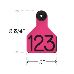 Dual colored pink and black, two-piece, engravable and fade resistant calf, goat or sheep ear tag. Small. Height: 2 3/4″, Width: 2″