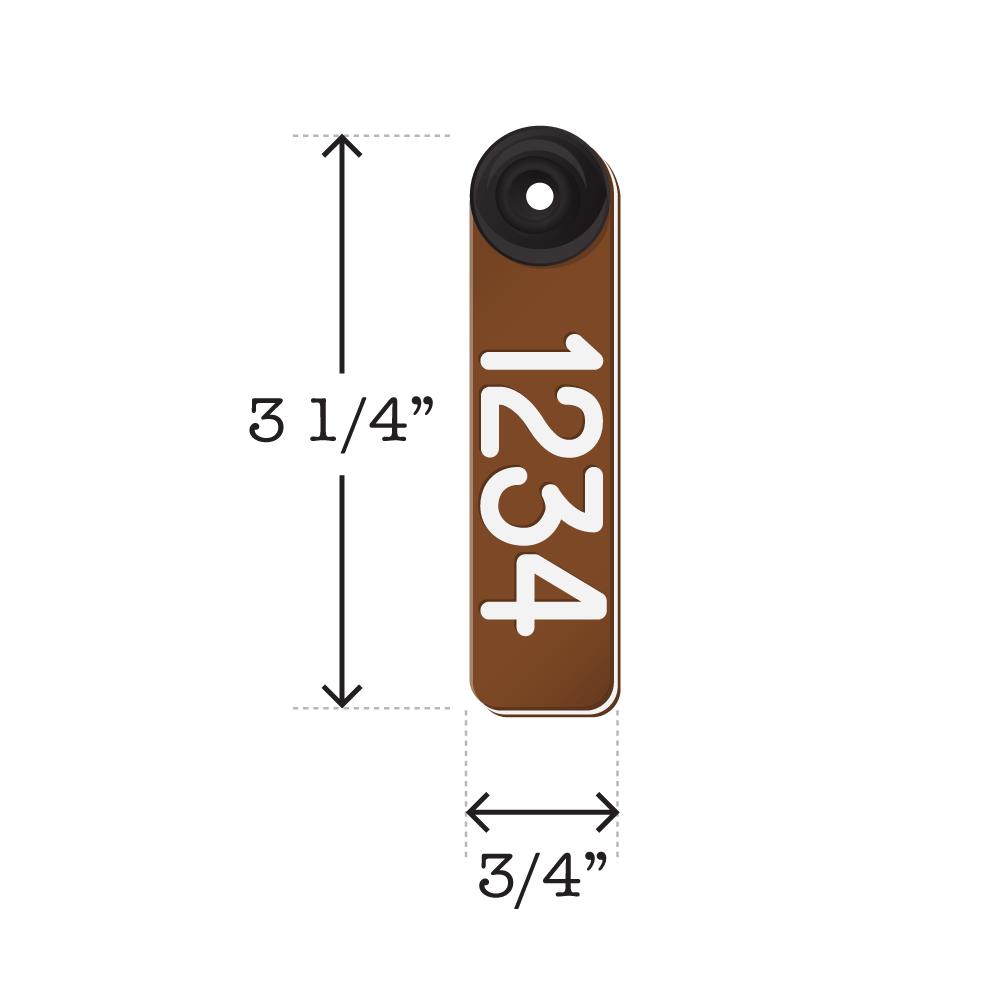 Dual colored, two-piece brown and white, fade resistant sheep and goat ear tags. Dimensions are 3 1/4" tall and 3/4" wide.