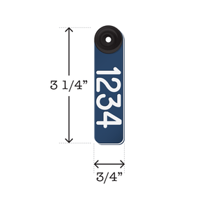 Dual colored, two-piece blue and white, fade resistant sheep and goat ear tags. Dimensions are 3 1/4" tall and 3/4" wide.