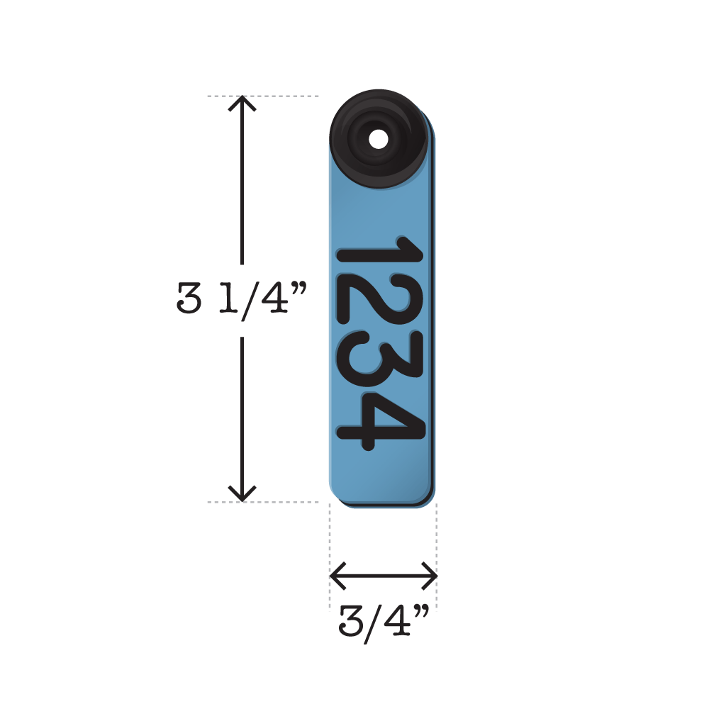 Dual colored, two-piece blue and black, fade resistant sheep and goat ear tags. Dimensions are 3 1/4" tall and 3/4" wide.