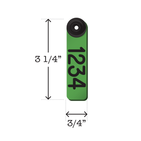 Dual colored, two-piece green and black, fade resistant sheep and goat ear tags. Dimensions are 3 1/4" tall and 3/4" wide.