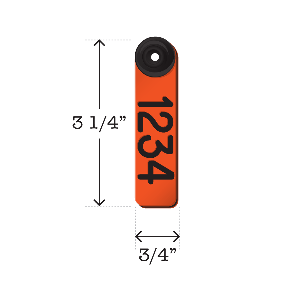 Dual colored, two-piece orange and black, fade resistant sheep and goat ear tags. Dimensions are 3 1/4" tall and 3/4" wide.