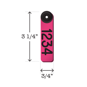 Dual colored, two-piece pink and black, fade resistant sheep and goat ear tags. Dimensions are 3 1/4" tall and 3/4" wide.