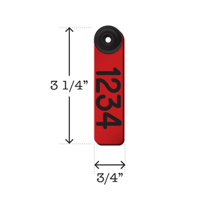 Dual colored, two-piece red and black, fade resistant sheep and goat ear tags. Dimensions are 3 1/4" tall and 3/4" wide.