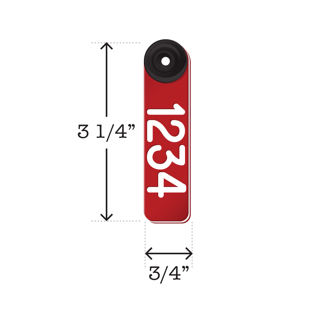Dual colored, two-piece red and white, fade resistant sheep and goat ear tags. Dimensions are 3 1/4" tall and 3/4" wide.