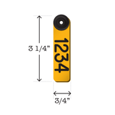Dual colored, two-piece yellow and black, fade resistant sheep and goat ear tags. Dimensions are 3 1/4" tall and 3/4" wide.
