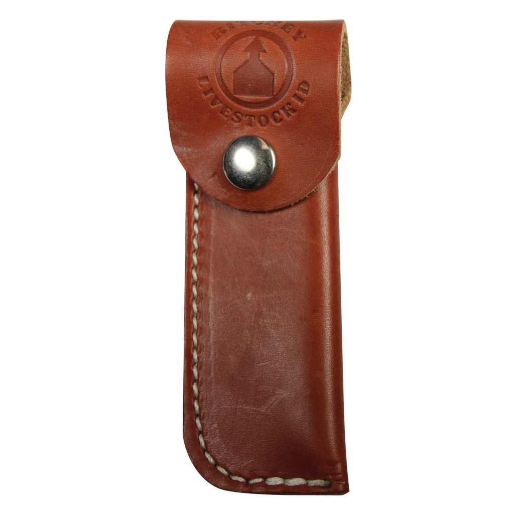 Leather sheath for installing tool with Ritchey Livestock ID Logo on front