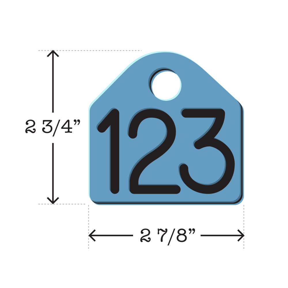 Light blue and black 2 3/4" x 2 7/8" dual-colored neck chain tag with center hole in it. Tag is often used to identify dairy cattle but is also used by U.S. government agencies to track and identify wildlife.